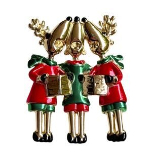 Vtg Reindeer Brooch Pin Gold Christmas Carol Ajc Signed Singing Choir Deer Girls